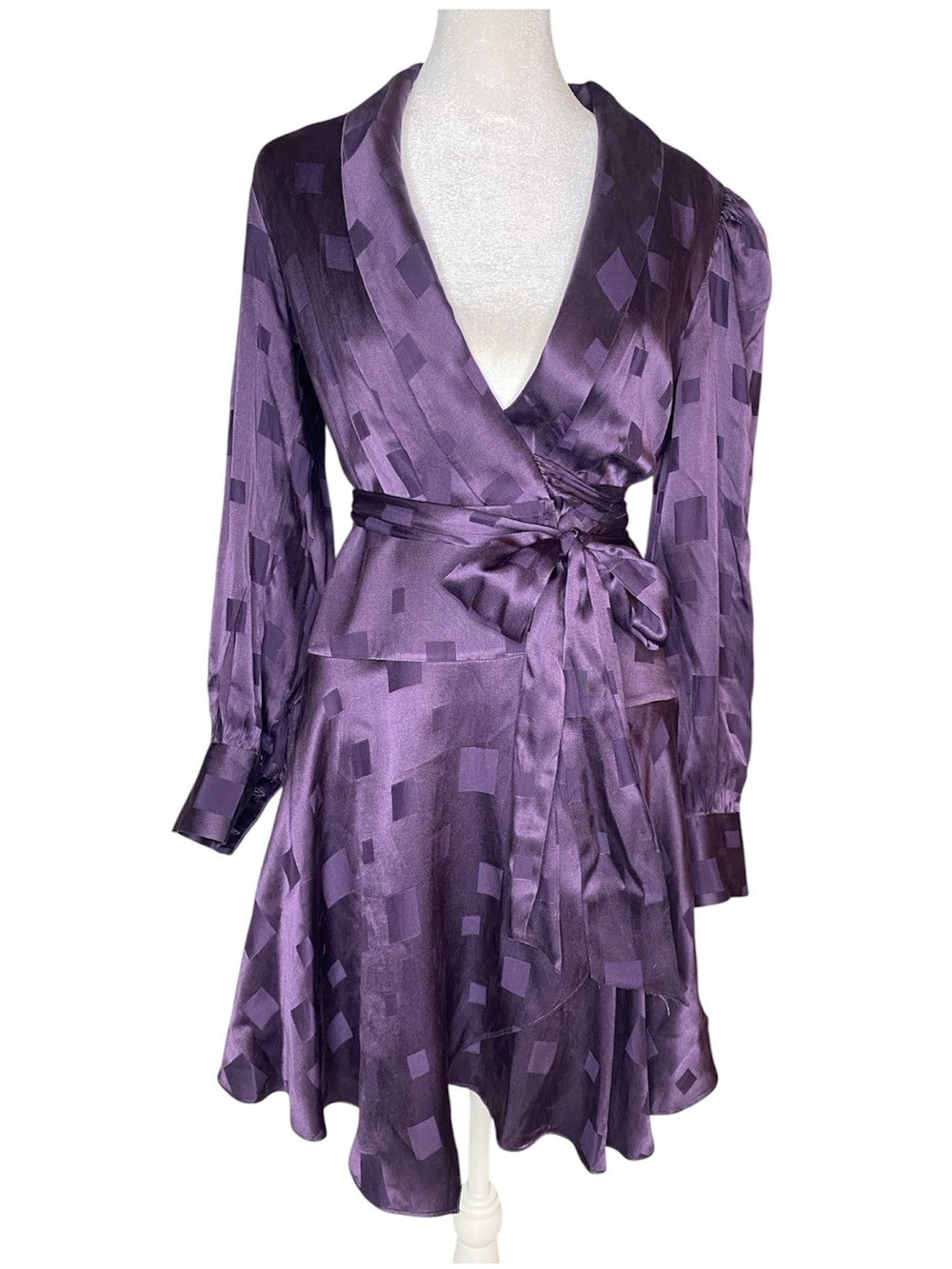 Milly Samara Silk Blend Diamond Jacquard Wrap Dress in Purple Satin Finish- Sz 0